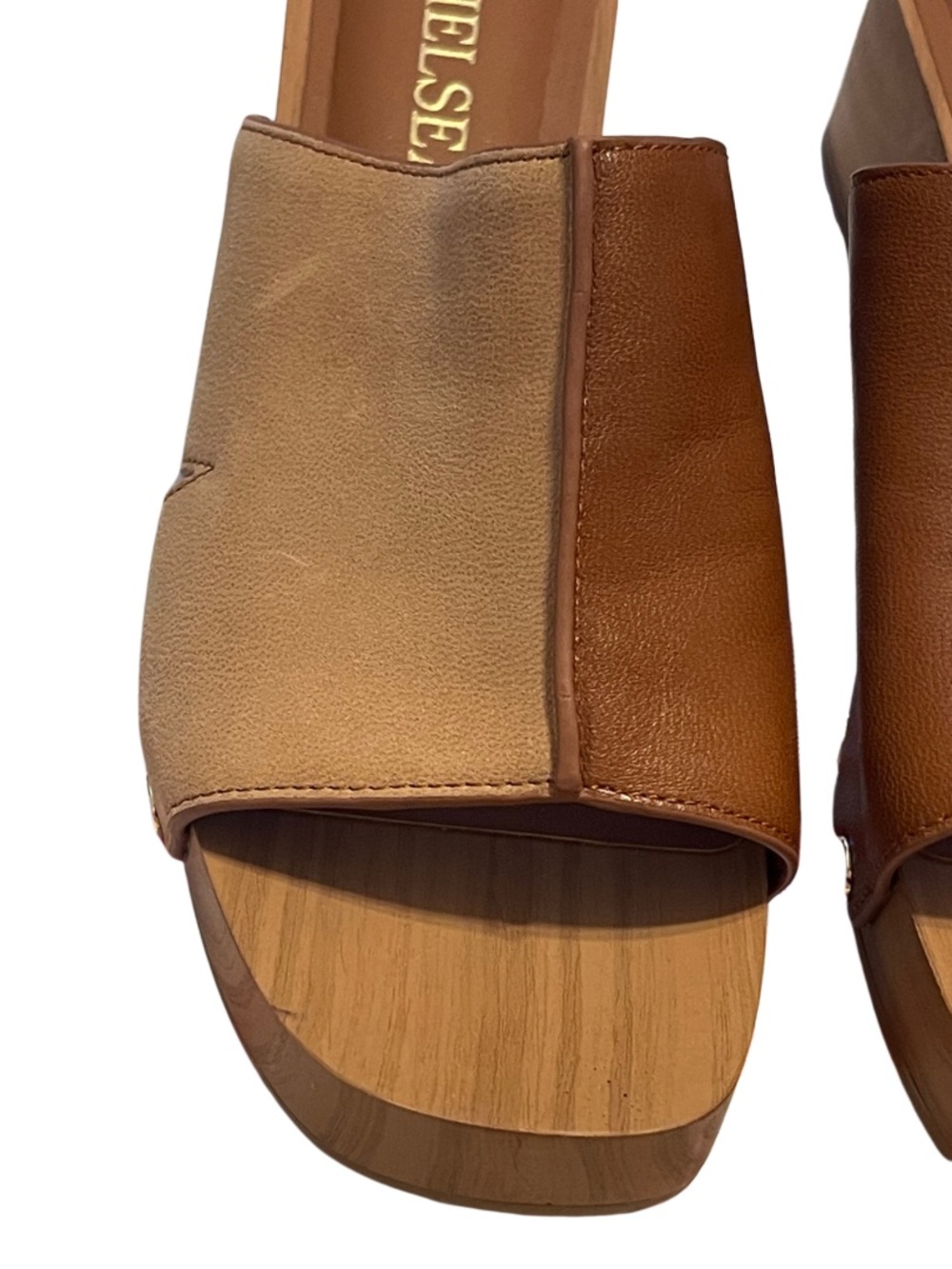 Chelsea & Violet Two-Tone Brown and Tan Leather Slide Platform Mules - Picture 4 of 10